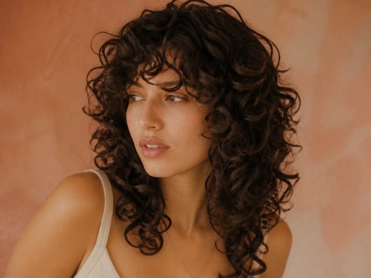 Defined spiral ringlets shaped into a wolf cut with soft crown layers