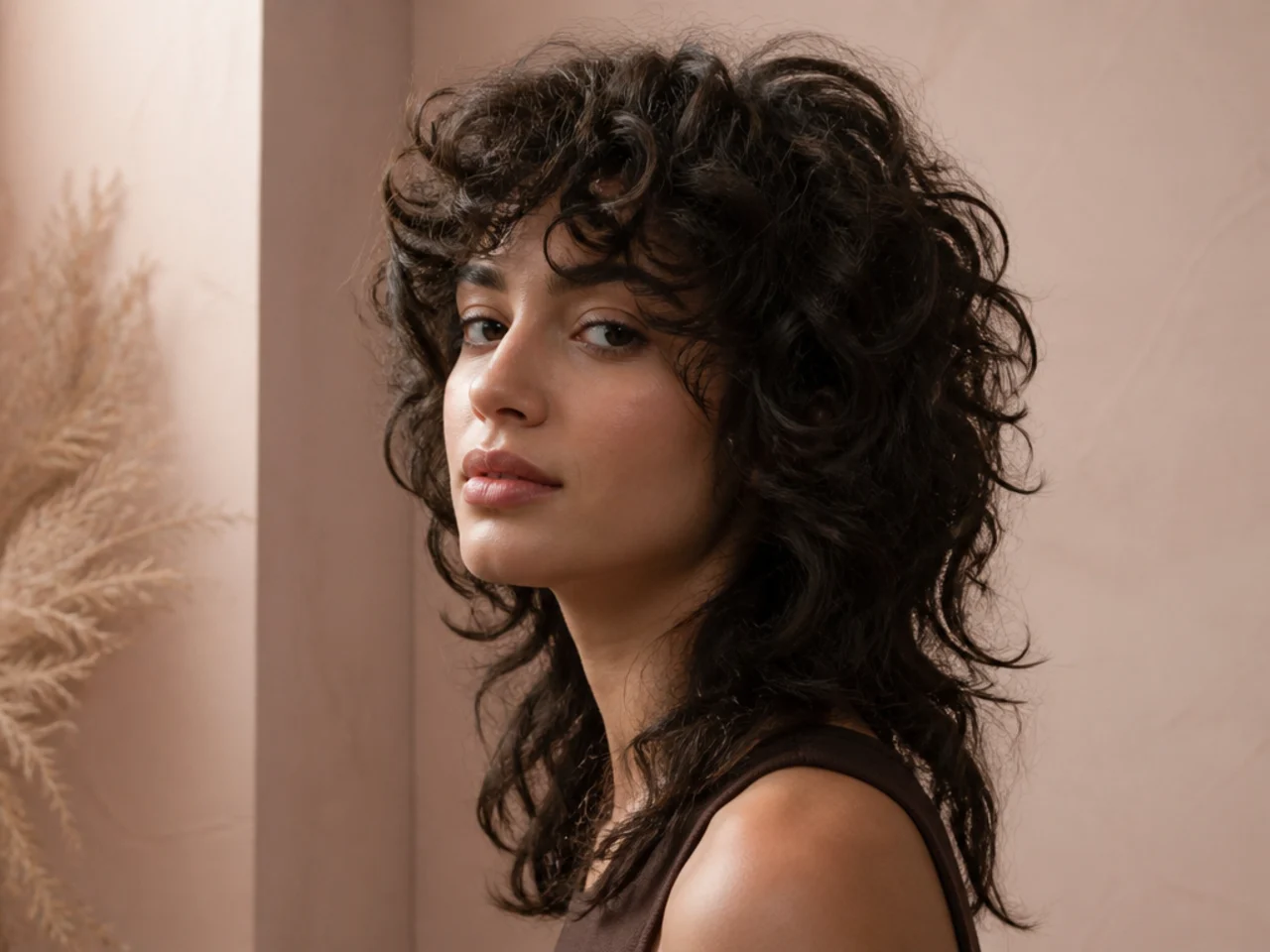 A wolf cut on hair with looser waves at the front and tighter curls at the crown