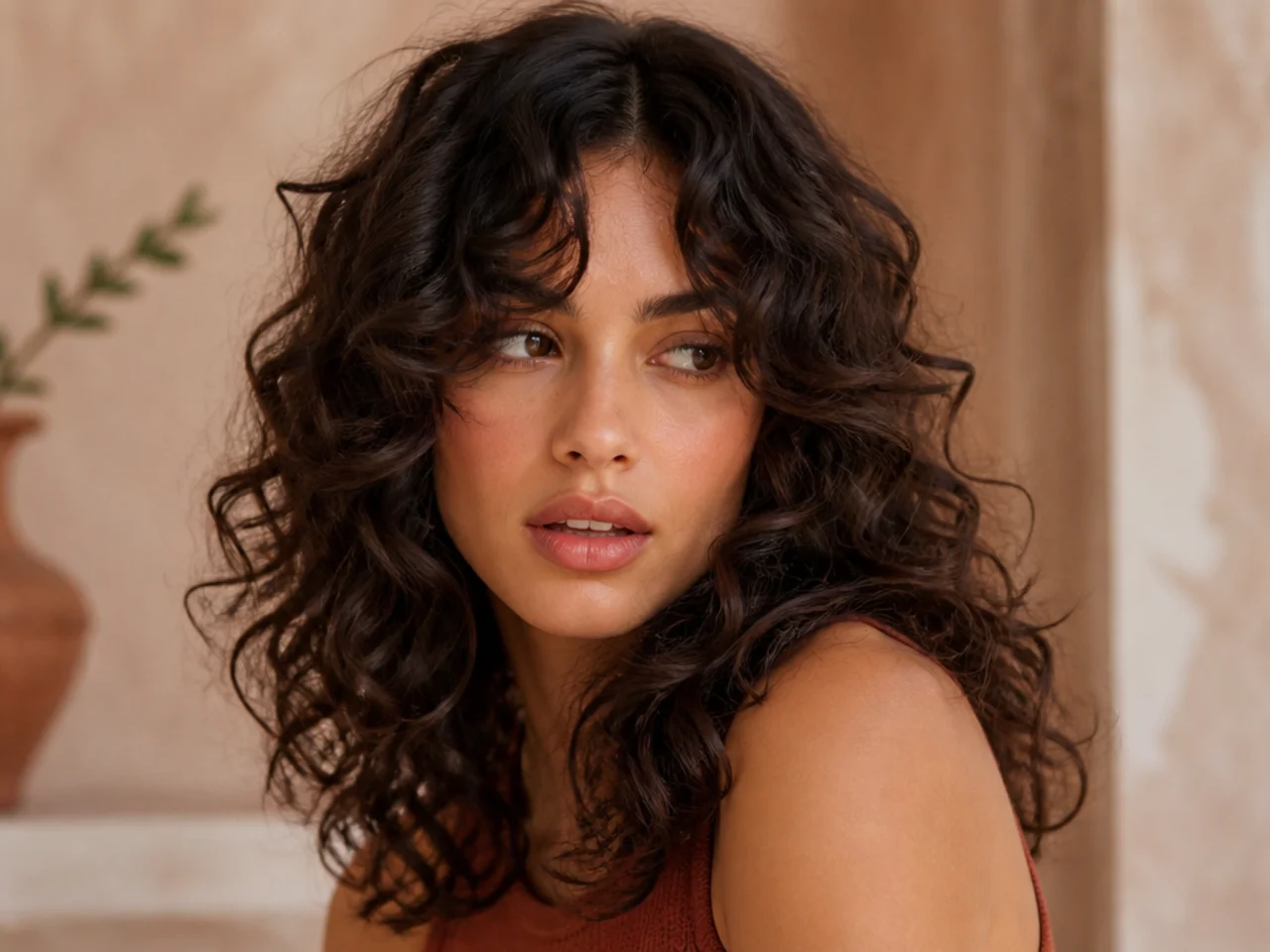 Curly curtain bangs parted in the centre and blending into face framing layers