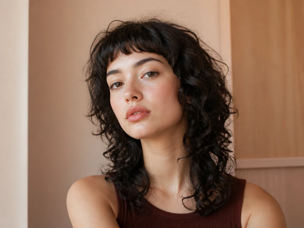 A curly wolf cut with a very short blunt fringe high above the eyebrows