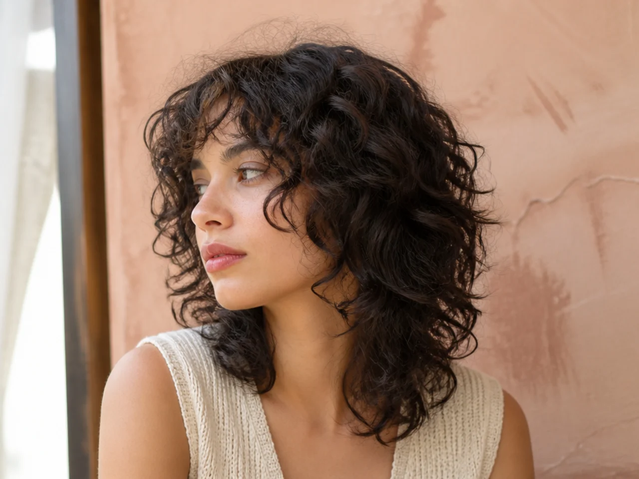Three quarter view of a shoulder length curly wolf cut in daylight