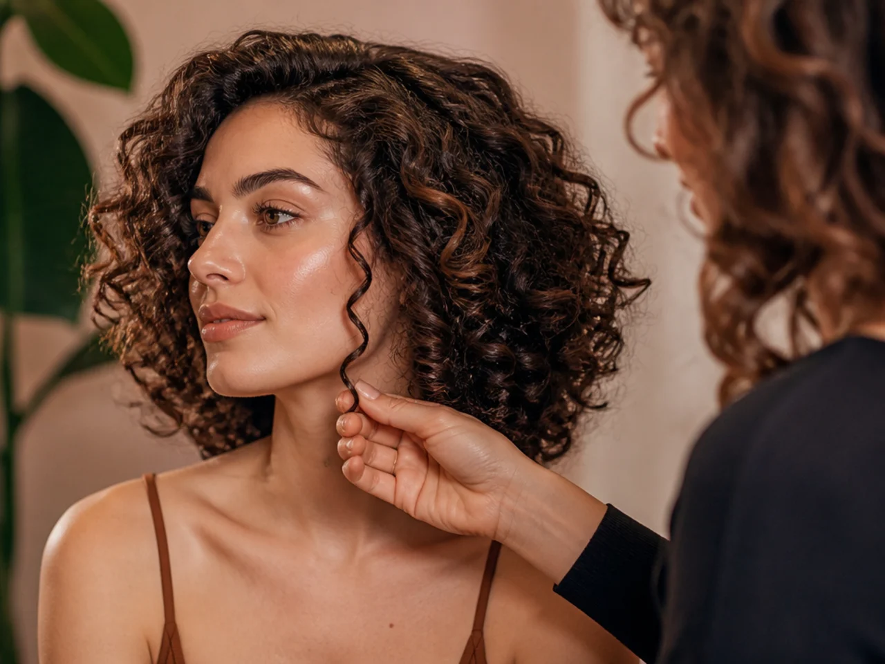 A stylist holding a single dry ringlet to check its spring against the jawline