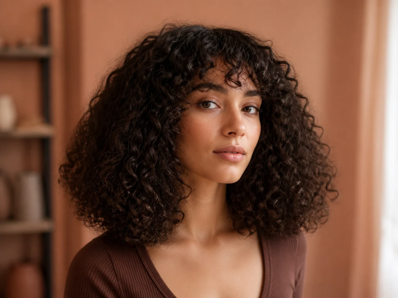 A curly cut that has gone triangular with width at the ends and a flat crown