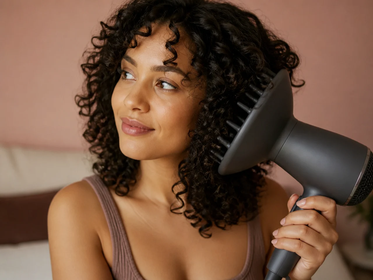 A diffuser cupping curls at the root during drying