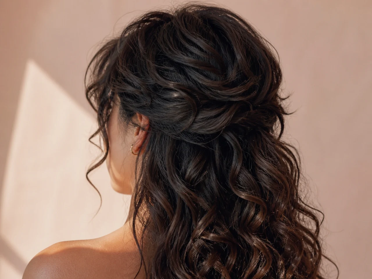 Close view of stacked crown layers sitting above longer curls at the back of the head