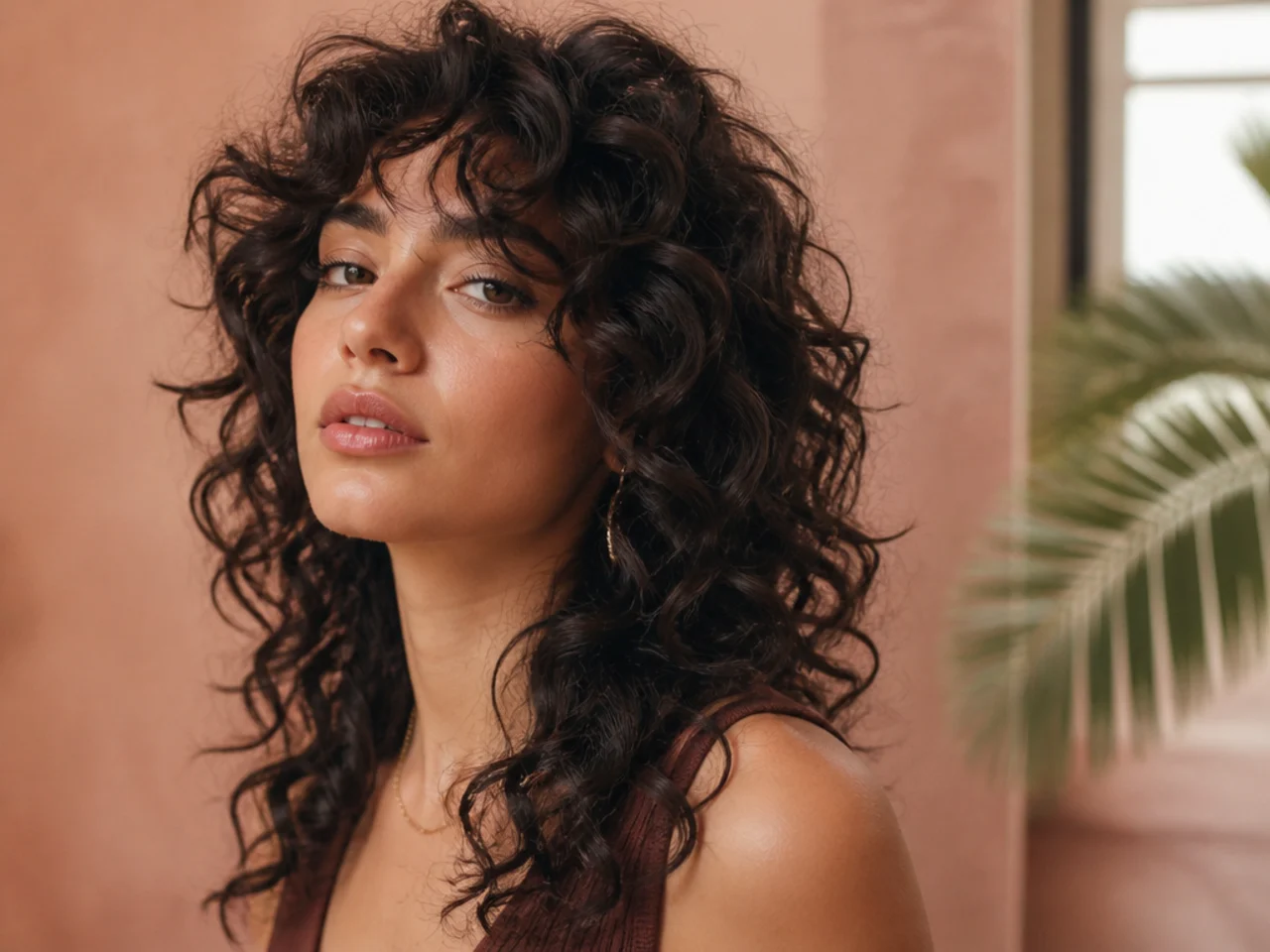 Long defined curls shaped into a wolf cut with volume around the crown