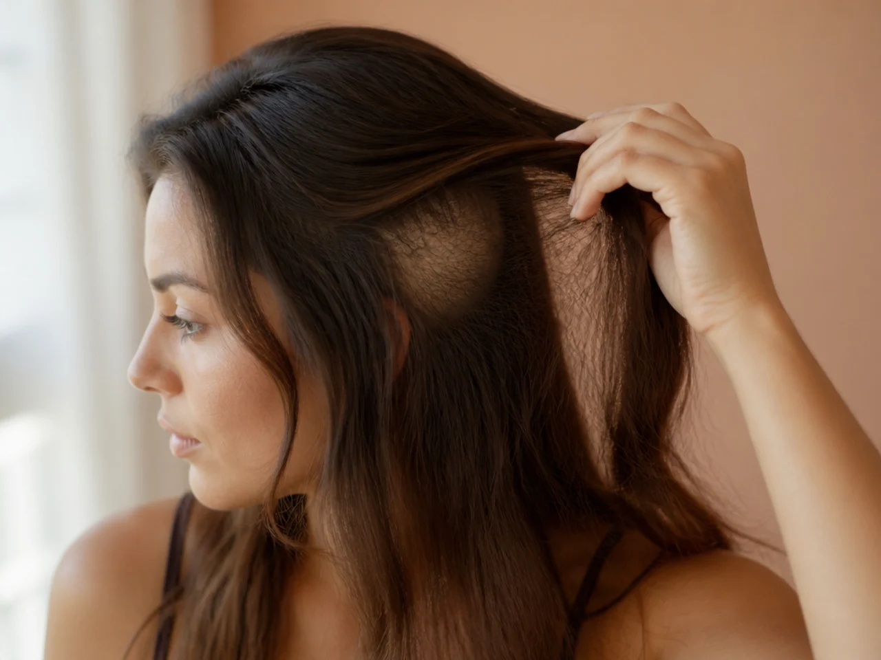 Long hair lifted to show thinned interior sections beneath an intact outline
