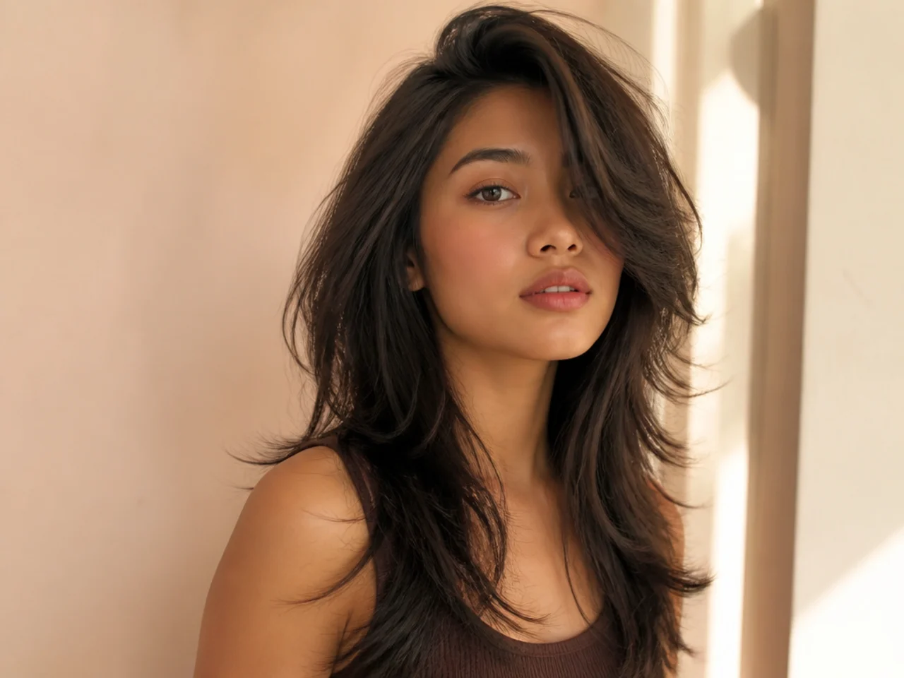 Long wolf cut with a deep side parting and volume piled on one side