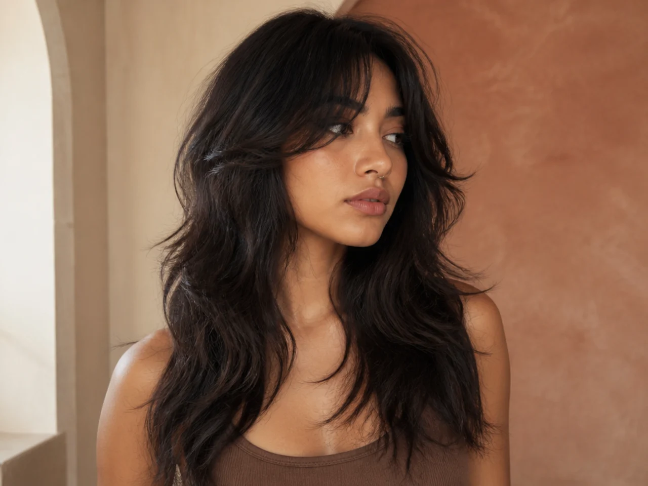 Very thick long hair cut into a wolf cut with a narrow controlled outline