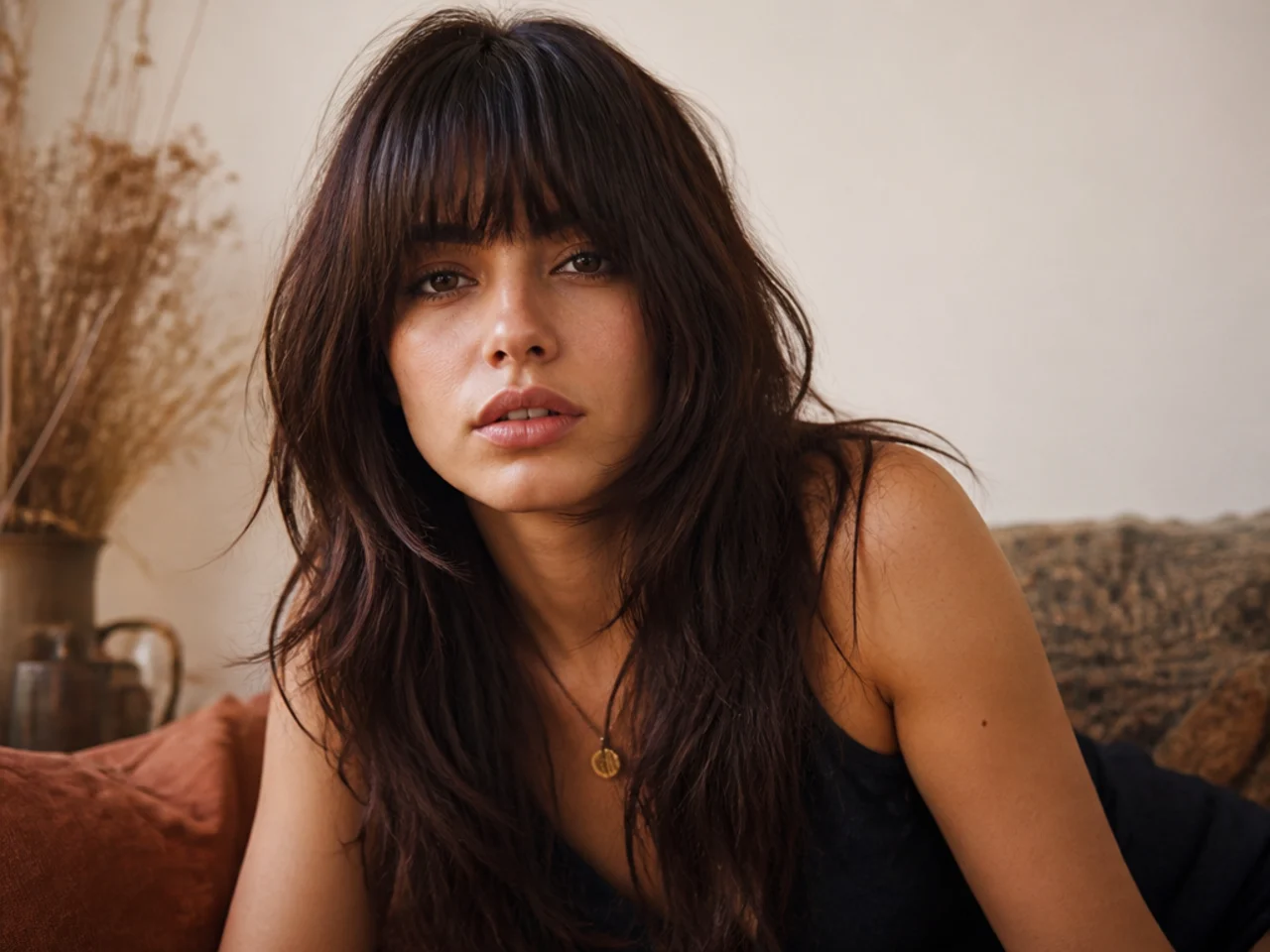 Long textured wolf cut with a heavy straight fringe across the brows