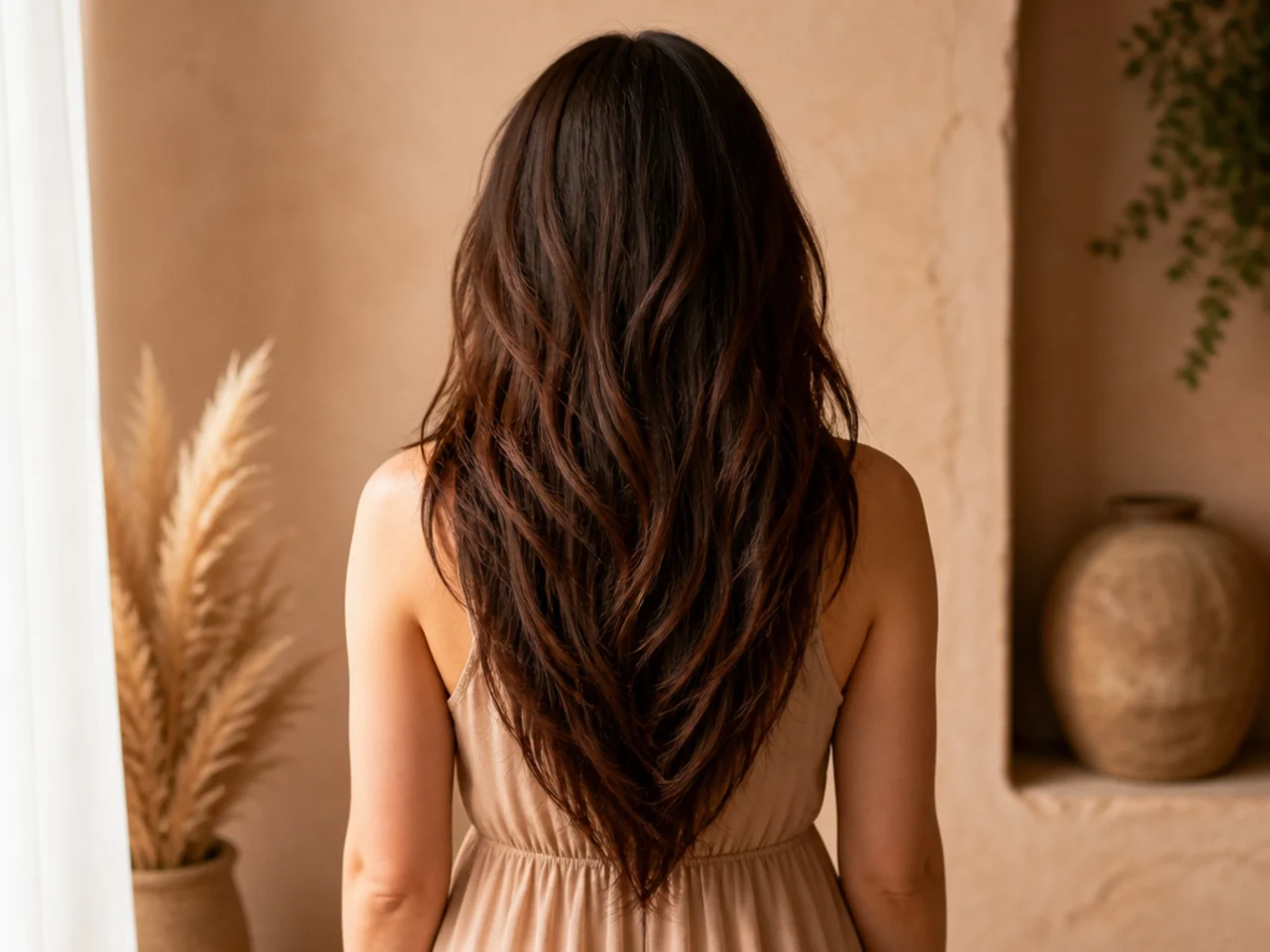 Back view of long hair cut to a deep point in the centre with shorter sides