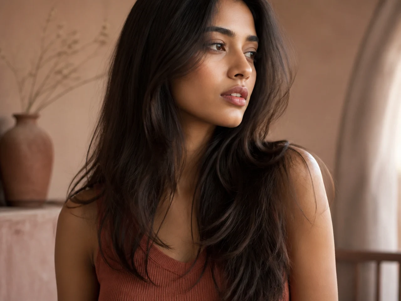 Long hair with a few soft graduated layers and gentle movement through the mid lengths