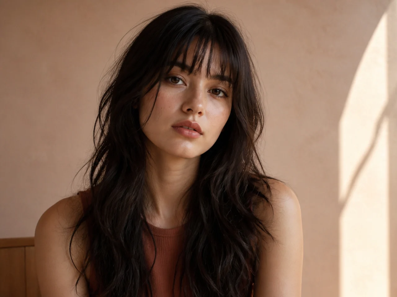 Long wolf cut with a thin see through fringe across the forehead