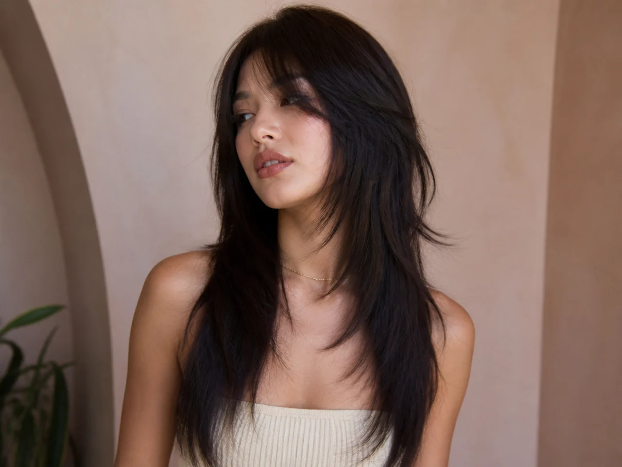 Long straight hair cut into a wolf cut with clearly visible layer steps