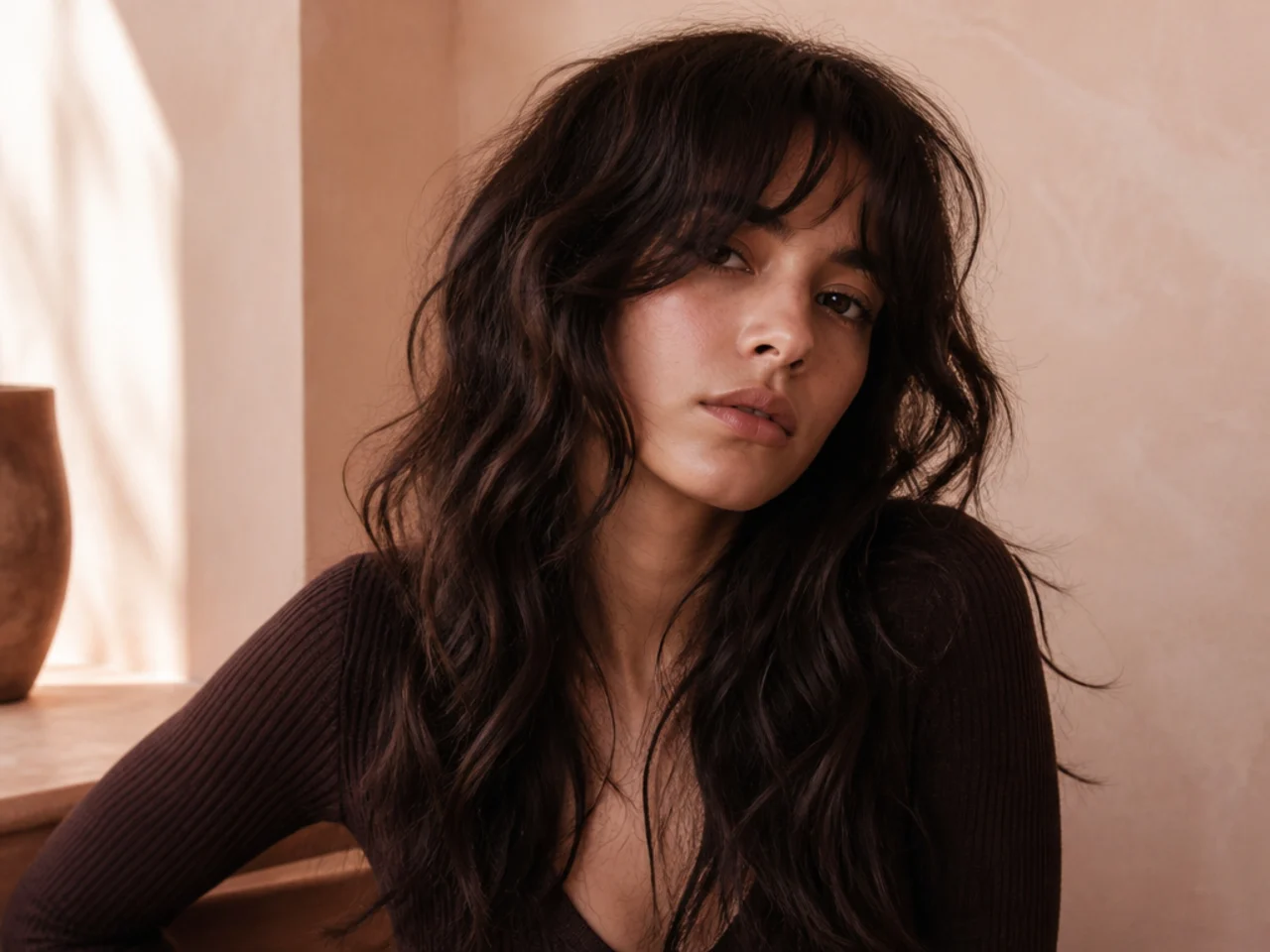 Long wavy hair with a wolf cut and loose S shaped bends through the lengths