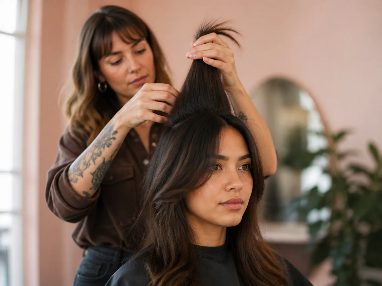 A stylist sectioning long hair at the crown and holding a short layer straight up