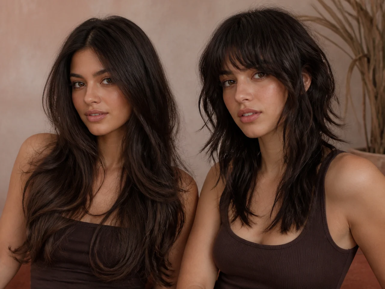 Two long haircuts side by side, one with soft long layers and one with a disconnected wolf cut crown