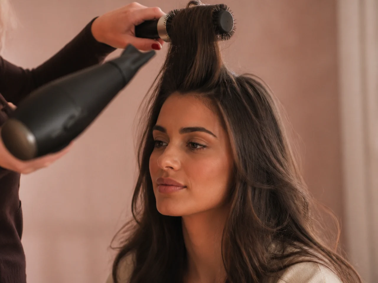 Long hair being dried upward at the crown with a round brush