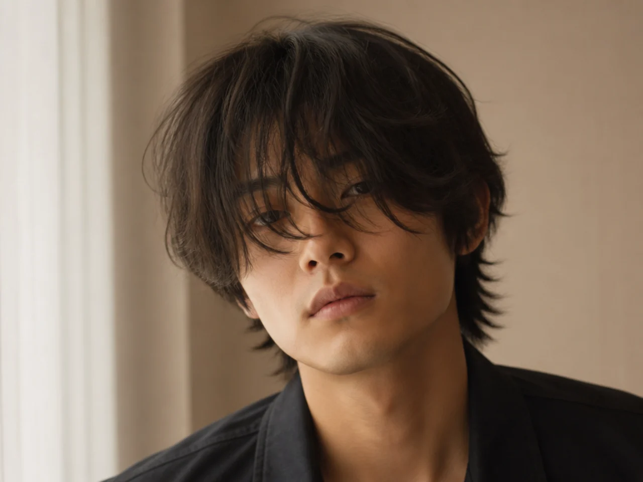 A grown out fringe falling into the eyes on a mens layered cut