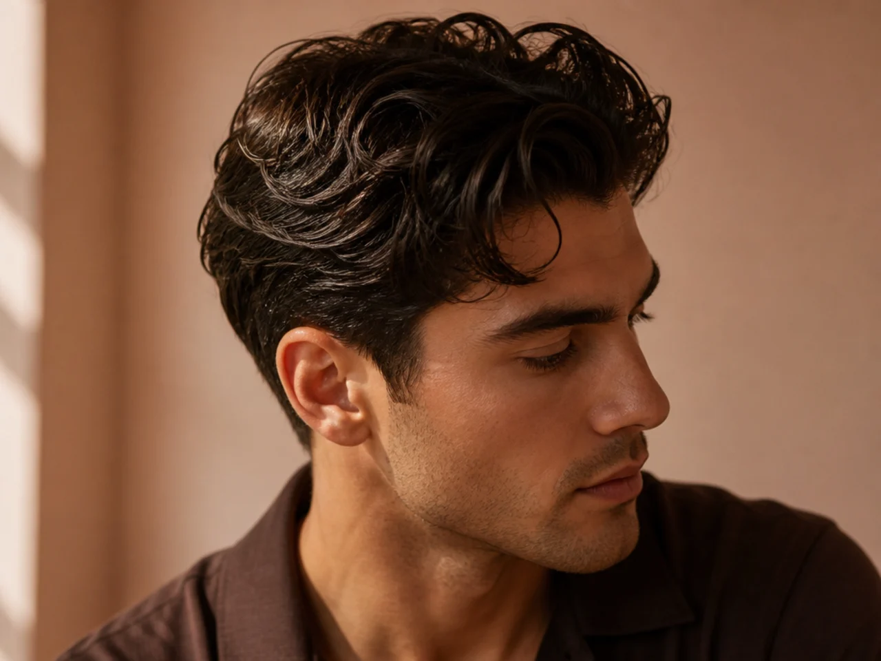 Freshly styled mens hair under salon finishing product