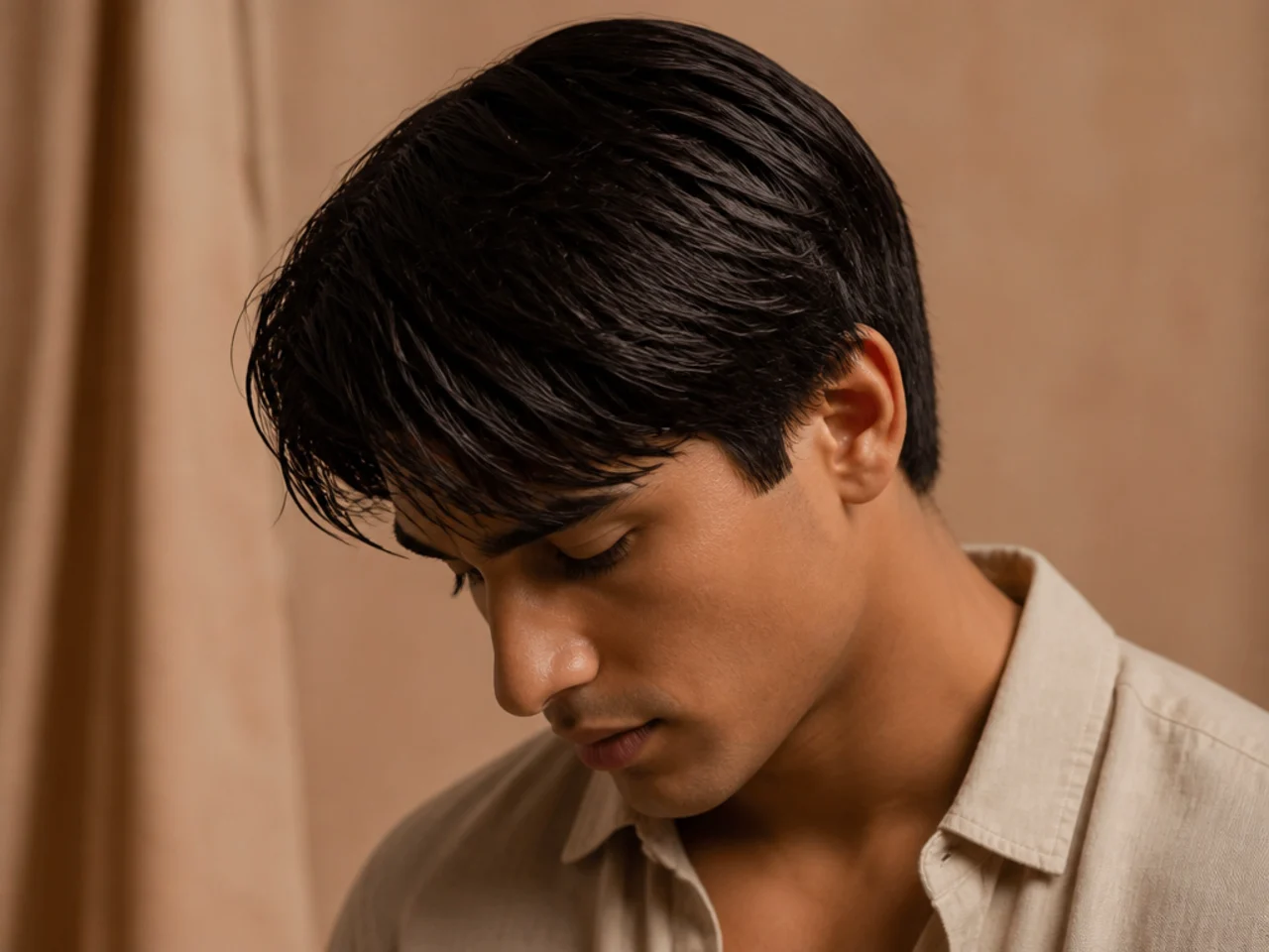 Freshly washed mens hair lying flat with no separation