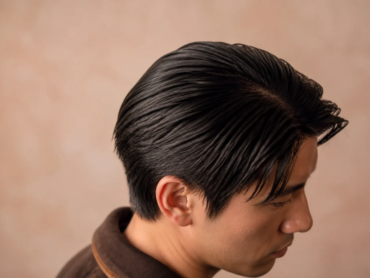 Heavy pomade flattening the crown of a layered mens cut