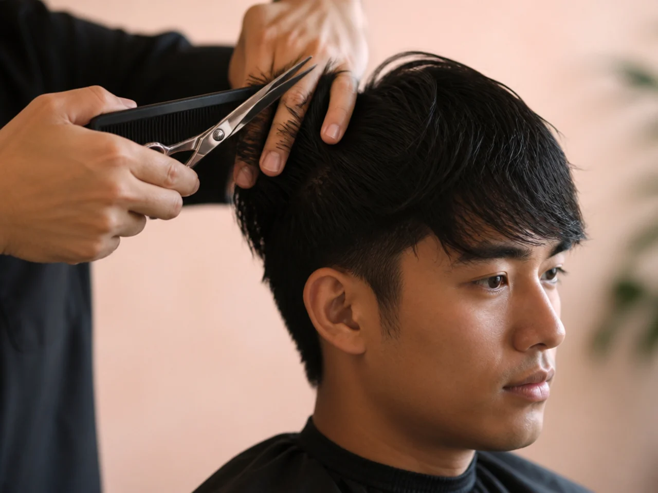 Scissor over comb layering being cut into mens hair