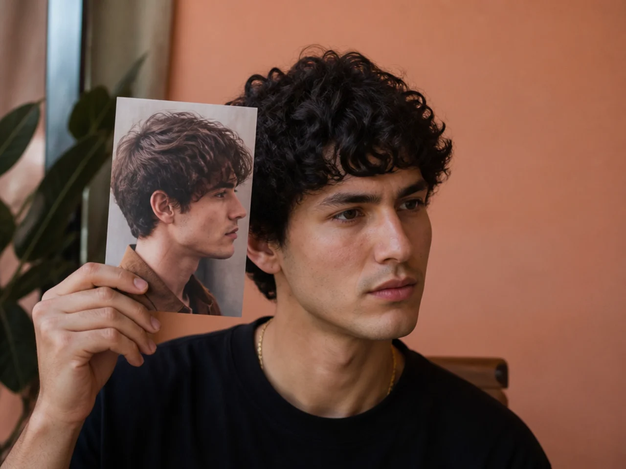 A reference photo held up against hair of a different texture