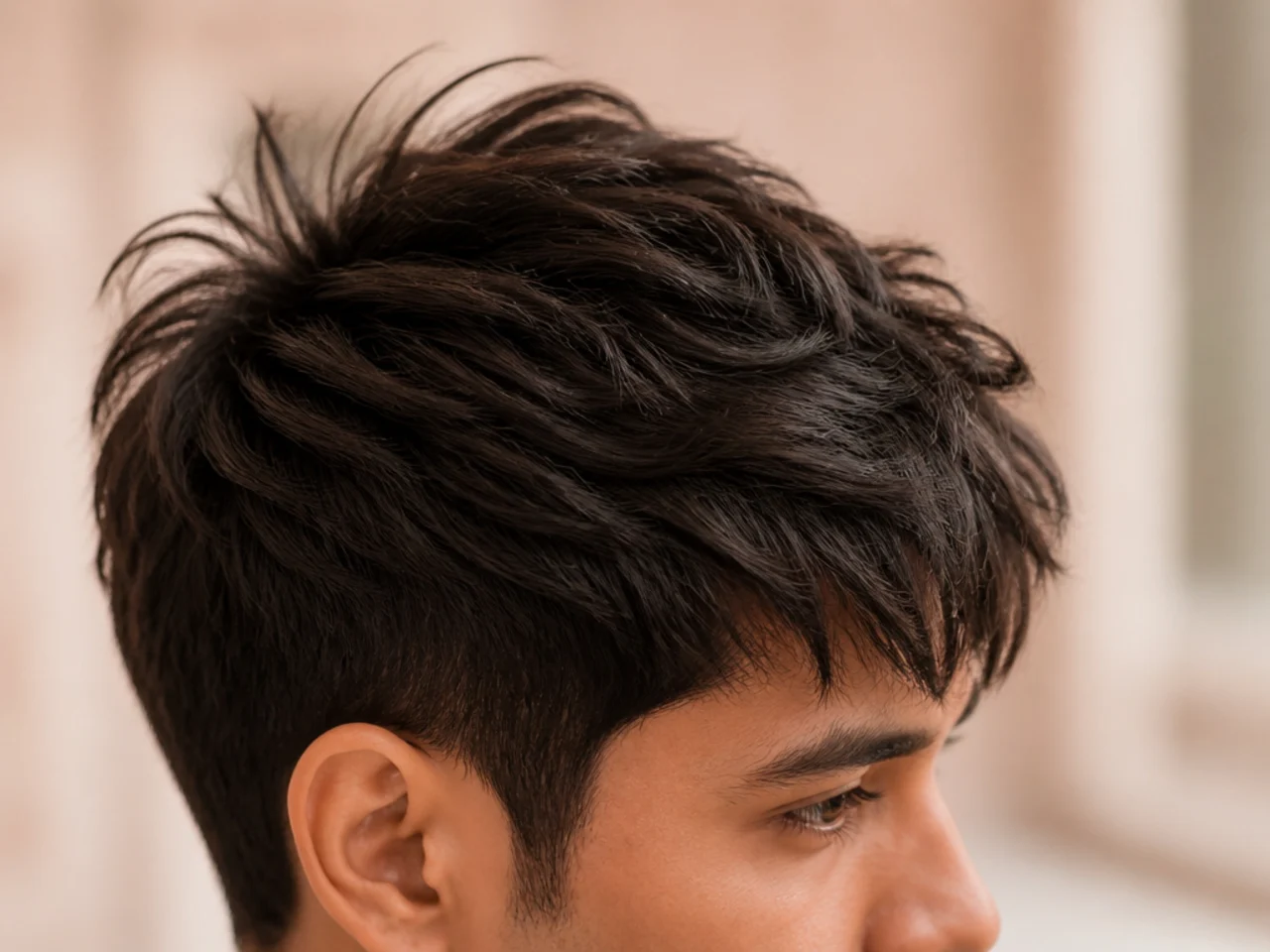 Short crown layers lifting the hair beneath them at the top of the head