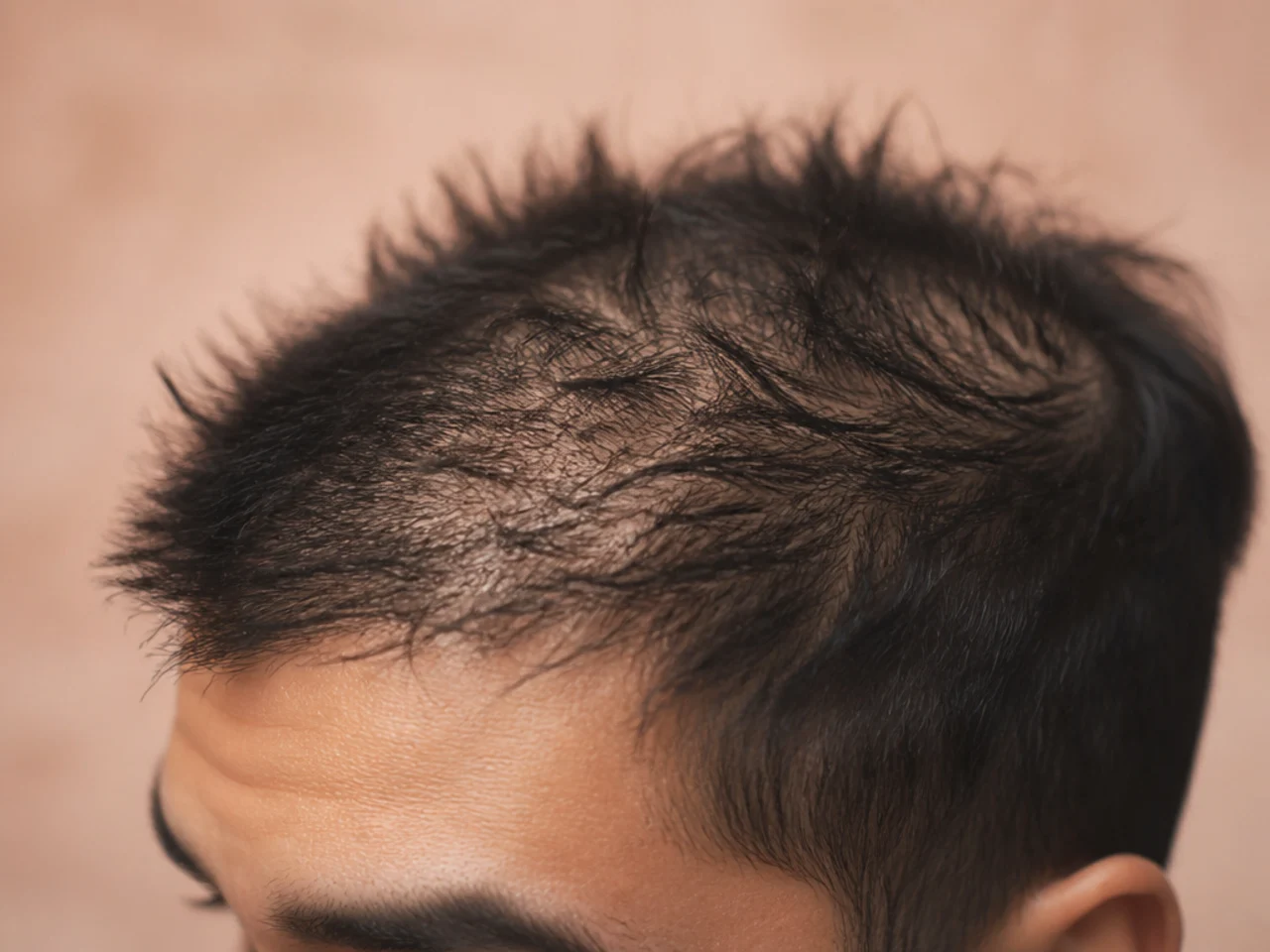 Short blunt stubs standing out from the surface of thinned hair