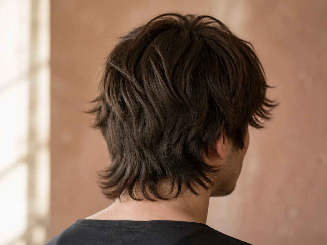 Rear view of a shaggy nape on a mens wolf cut