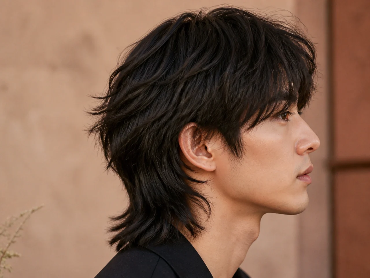 Side view of a mens wolf cut showing the blend from crown layers into the length