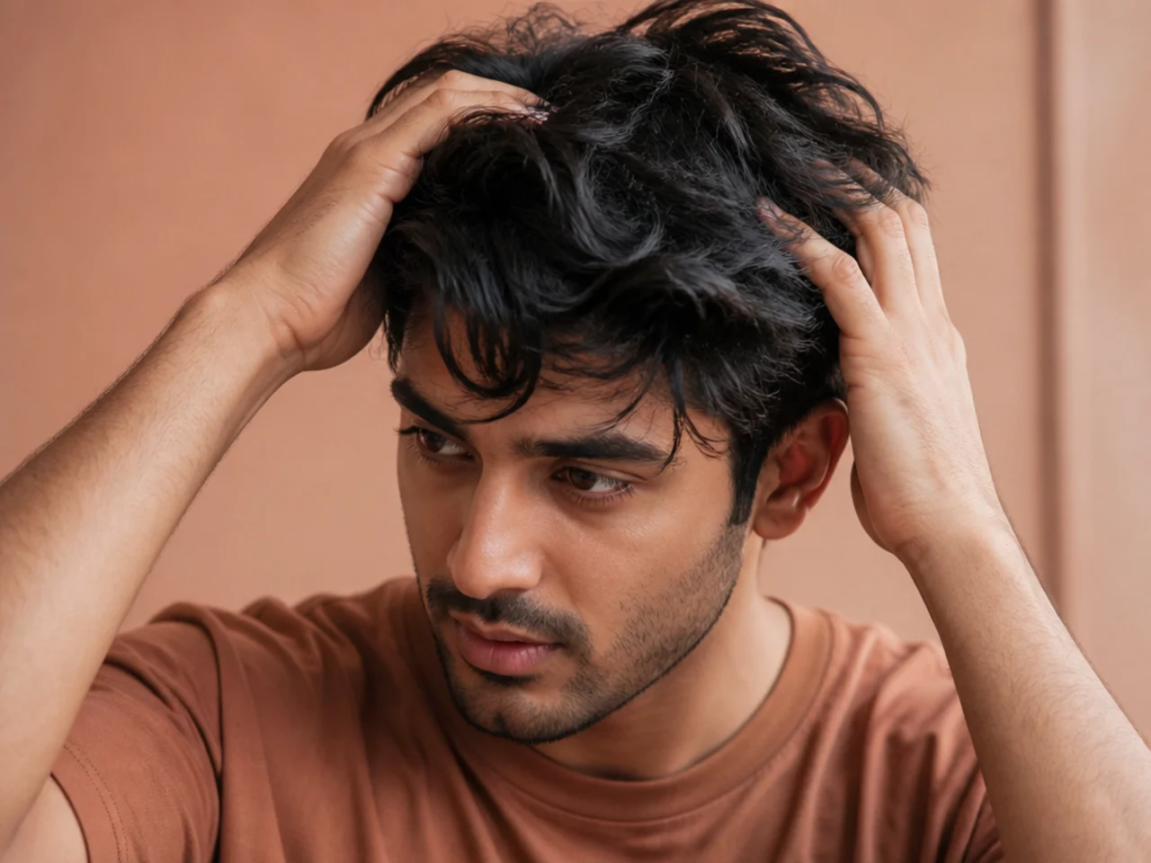 Hands rough drying layered mens hair with fingers