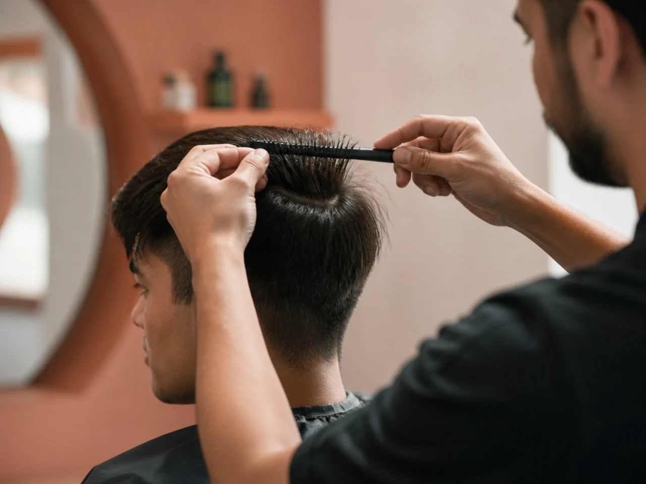 A stylist measuring a crown section against a comb on mens hair