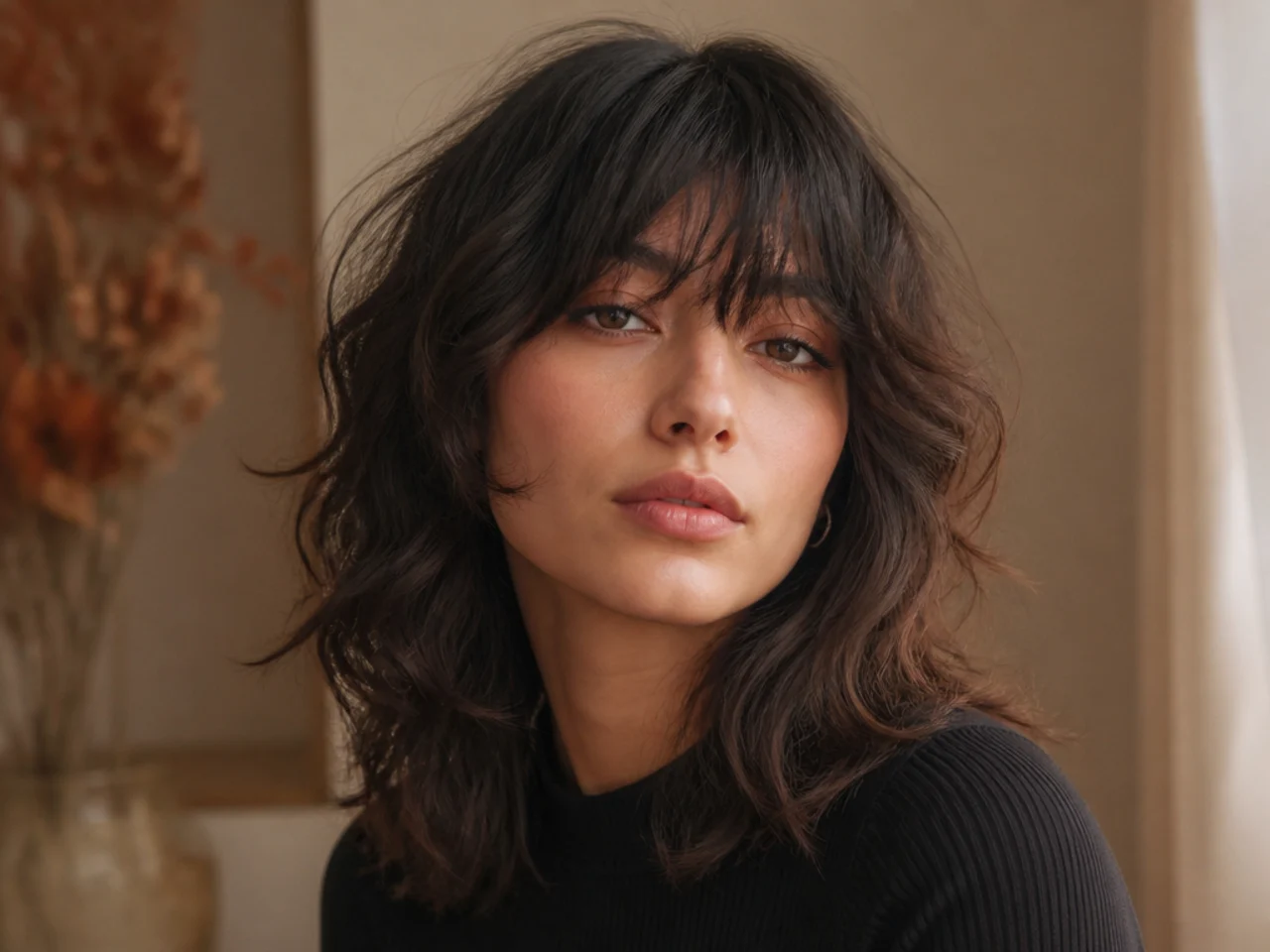 A wavy wolf cut with fine wispy bangs across the brows