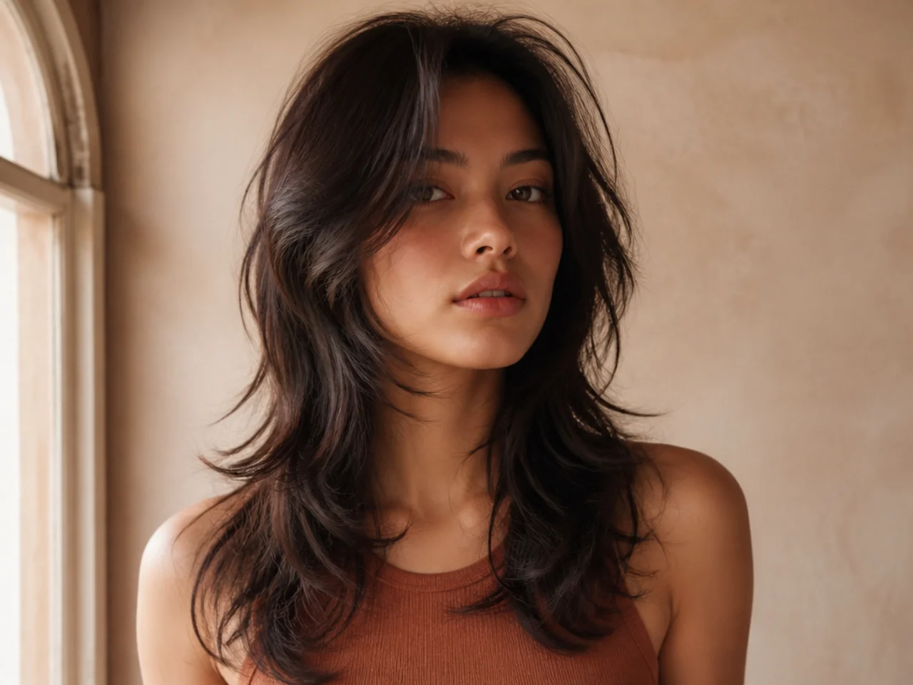 A wolf cut with no fringe and all length kept in the main shape