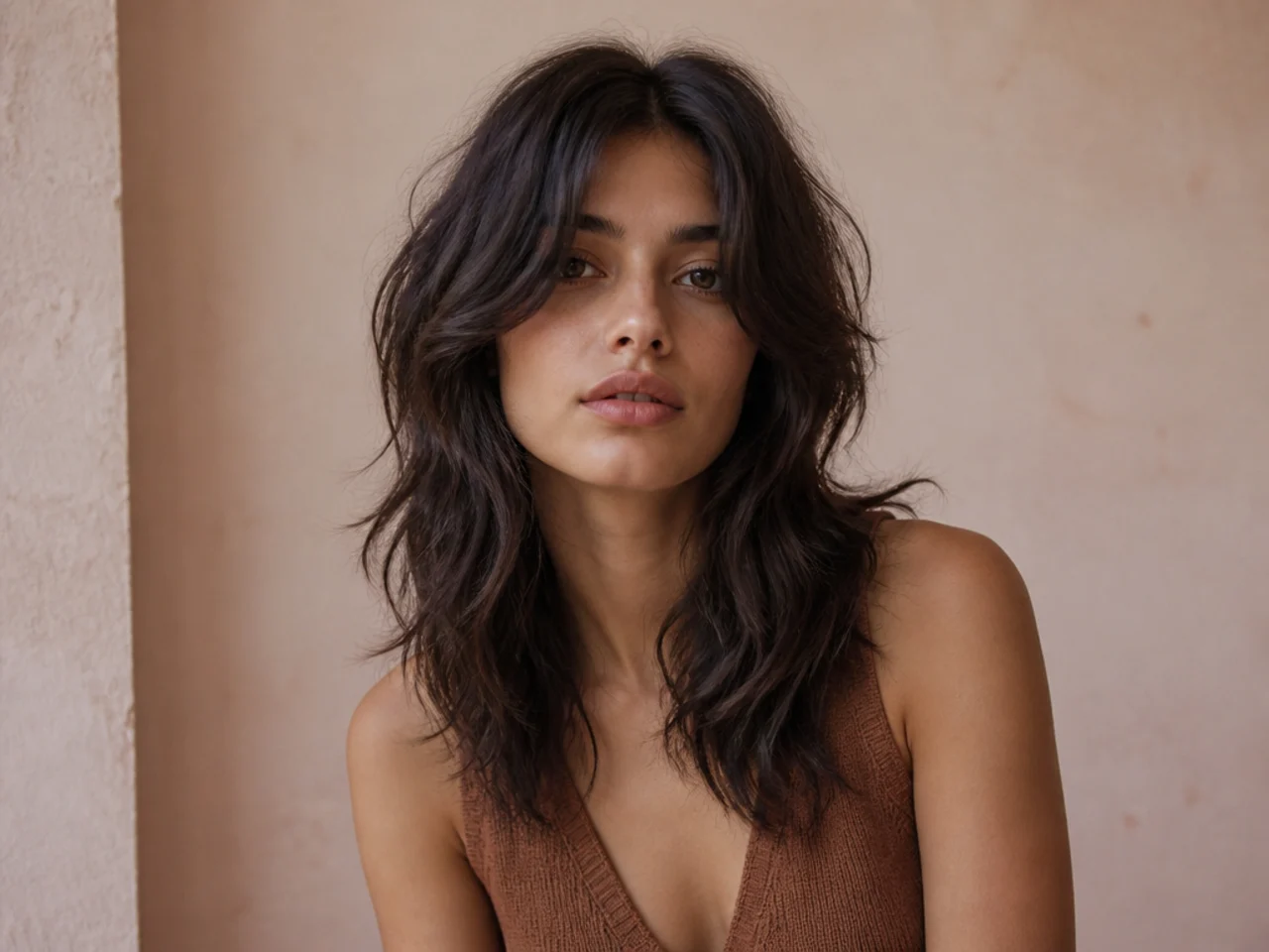 A centre parted wavy wolf cut with heavier front sections