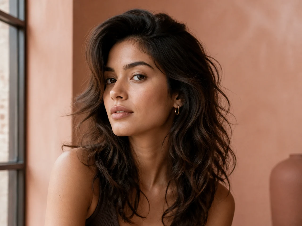 A deep side part lifting the crown of a wavy wolf cut