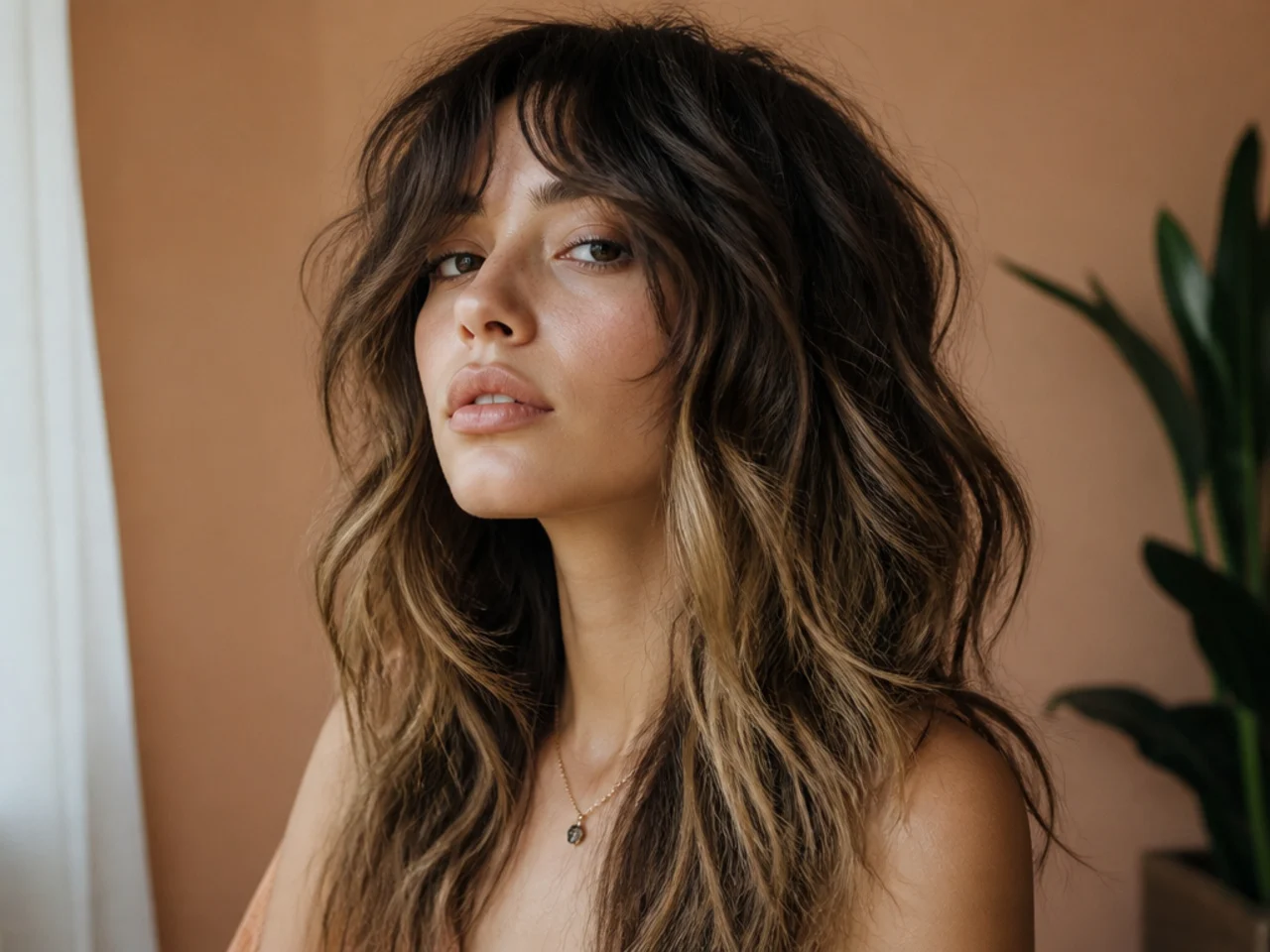A wavy wolf cut with a darker root melting into lighter ends