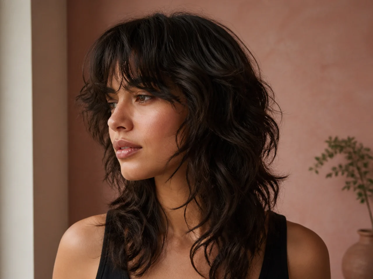 An air dried wavy wolf cut with naturally clumped waves