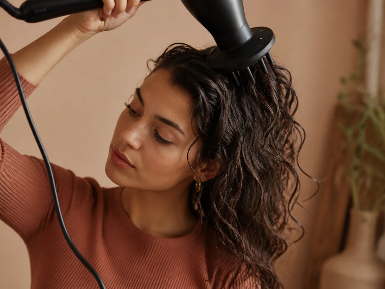 A diffuser cupping wavy layers up toward the scalp