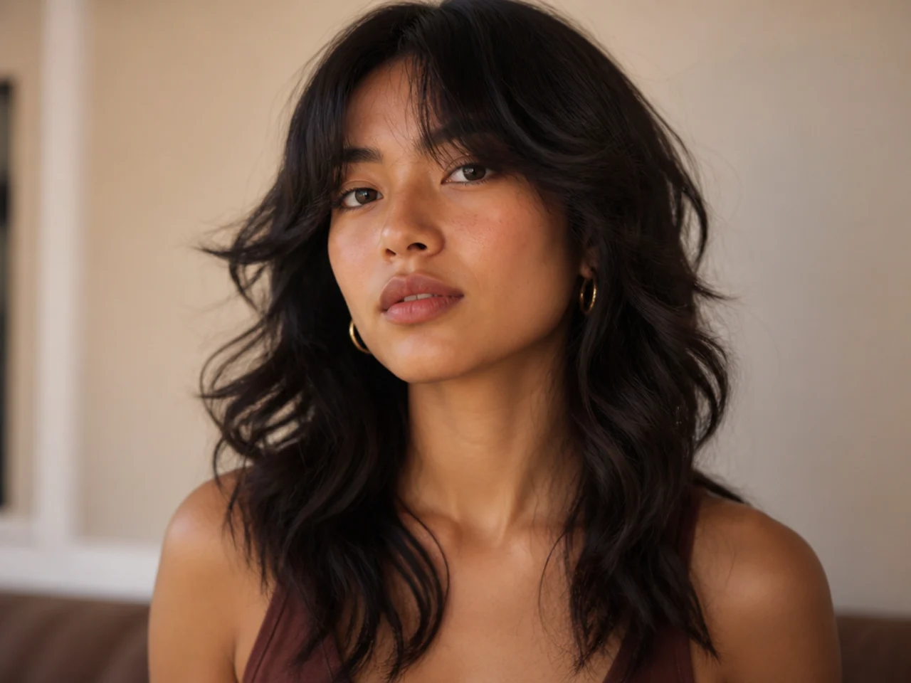 A wavy wolf cut with curtain bangs framing the face
