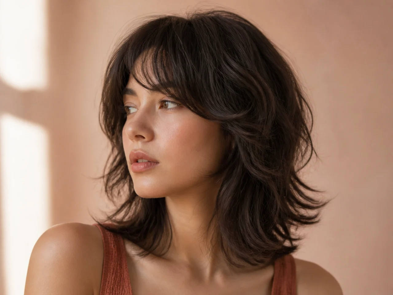 A shoulder length wavy wolf cut with ends flicking outward