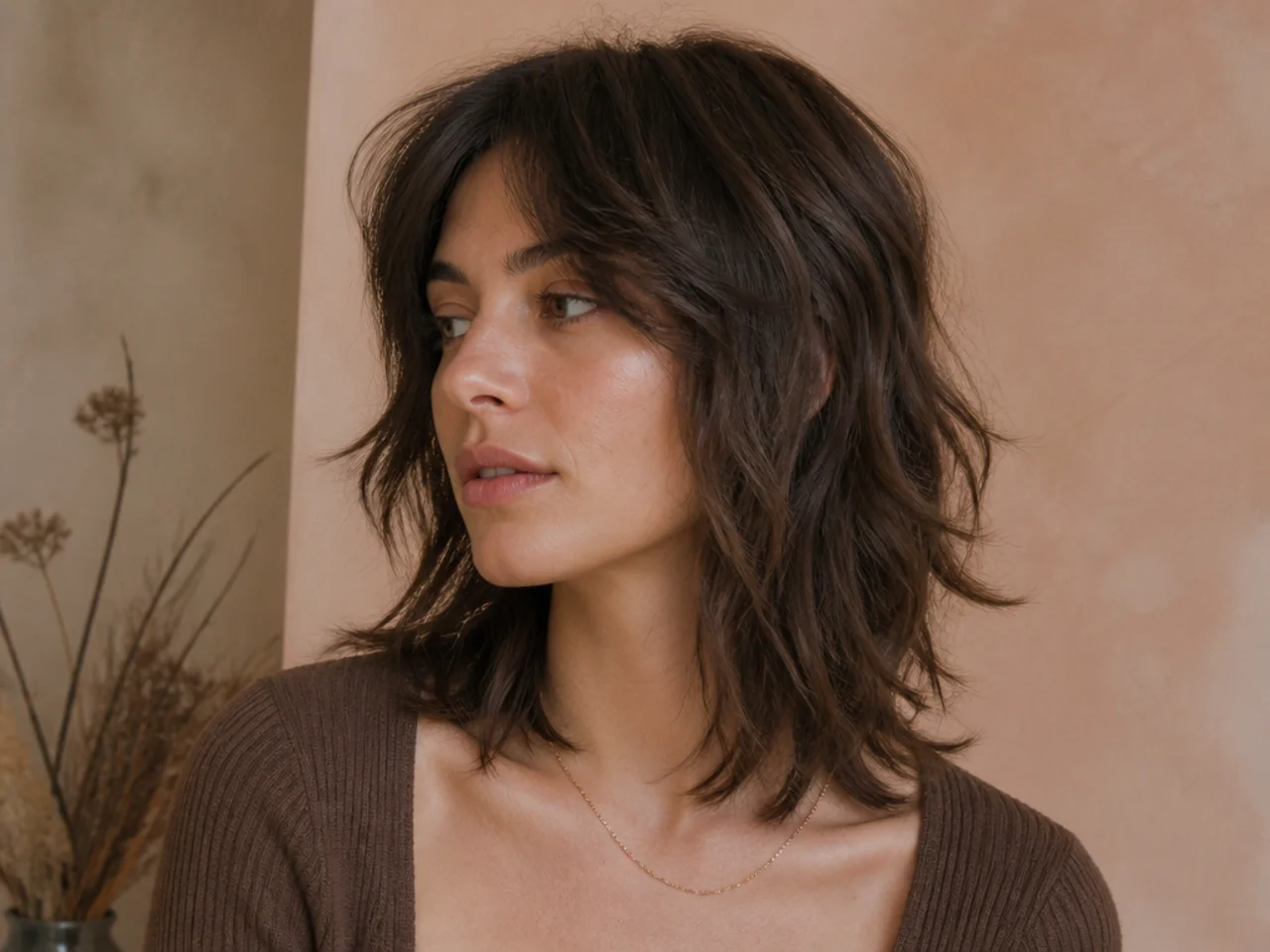 A collarbone length wolf cut on fine waves with a weighted hem