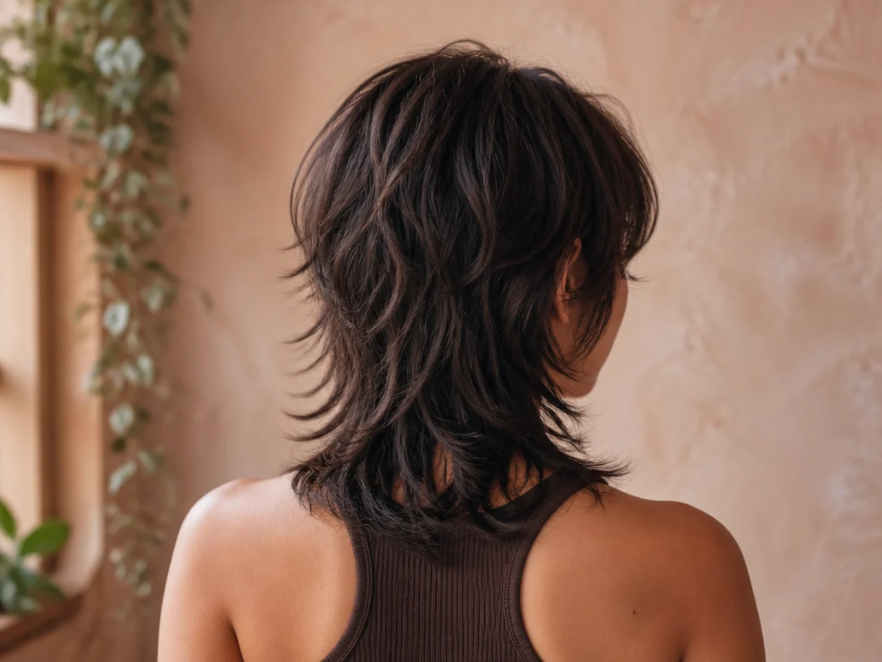 Back view of a wolf cut with continuous connected layers at the nape