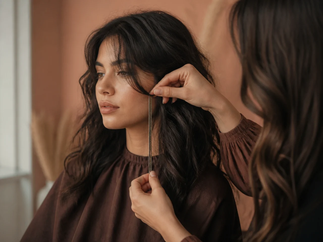 A stylist measuring a layer against the cheekbone on dry wavy hair