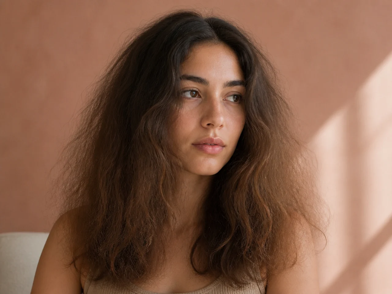 Fine wavy hair brushed dry into frizz with the wave pattern lost
