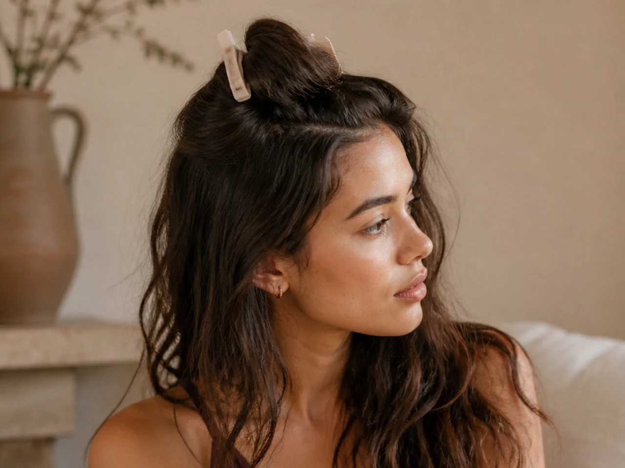 Clips lifting the crown roots of wavy hair while it air dries