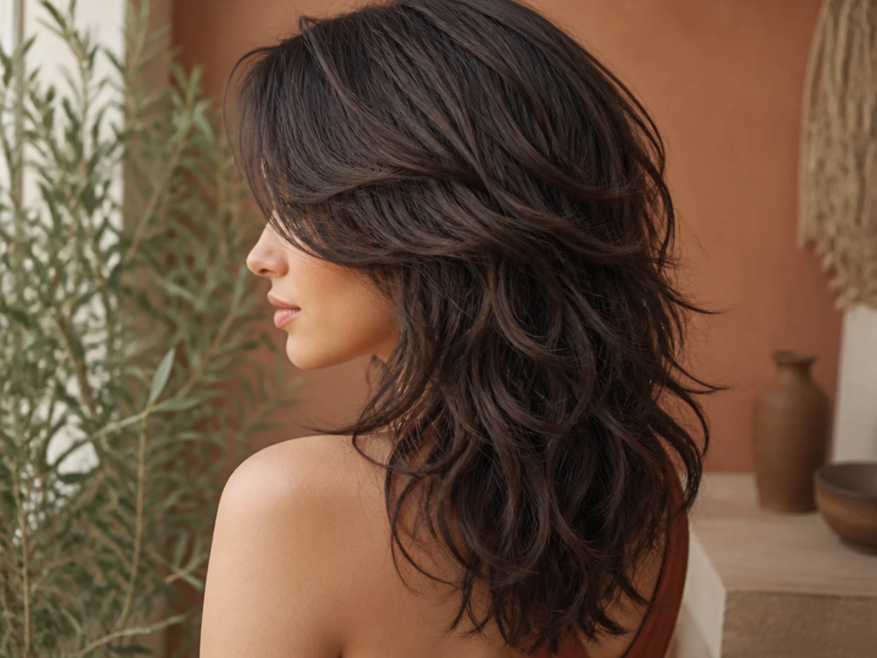 Side profile showing stacked short crown layers over longer lengths on wavy hair