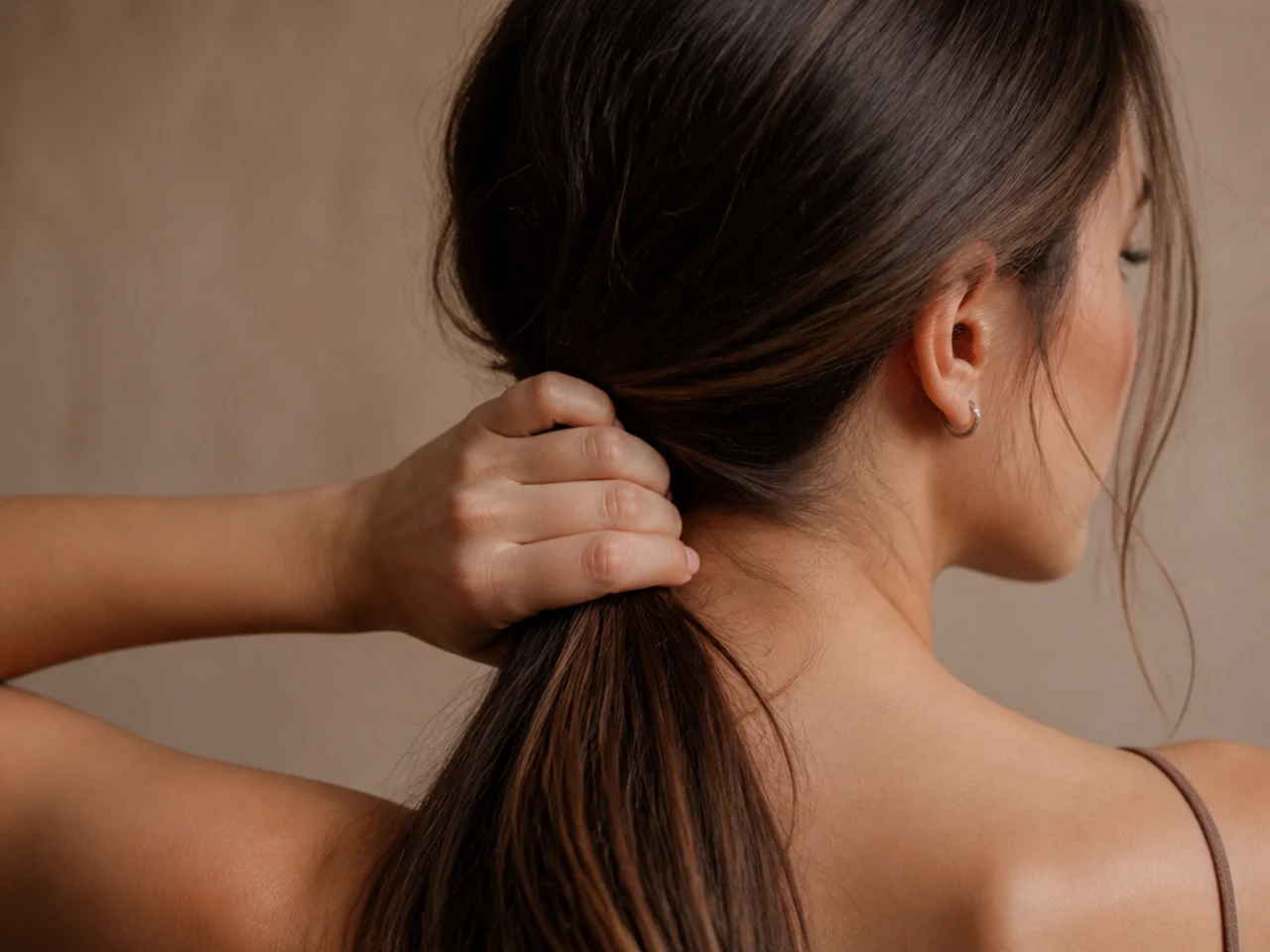 A hand gripping the base of a gathered ponytail